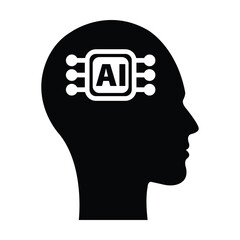 AI, Artificial intelligence icon of man human face with a digital chip on brain for computer and technology silhouette illustration