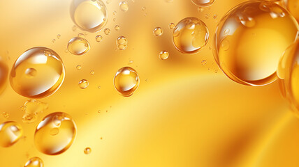 Oil drops texture yellow vitamin fish bubbles in yellow color. - obrazy, fototapety, plakaty