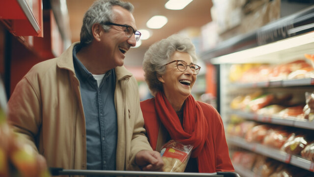 A friendly elderly couple laughing and shopping for dinner at the mart