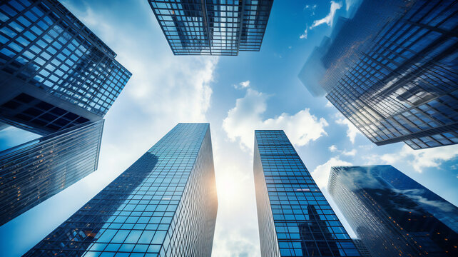 High Glass Tall Building Skyscrapers From The Ground Above View With Blue Sky And Sun, Office Exterior Design.