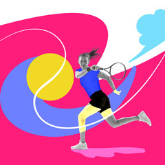 Contemporary creative art collage. Professional female tennis player running with raqcuet on colorful vivid drawing background.