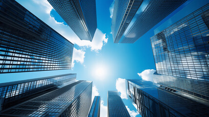 High glass tall building skyscrapers from the ground above view with blue sky and sun, office exterior design.
