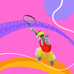 Contemporary creative art collage. Professional female tennis player jumping with racquet on colorful vivid drawing background.