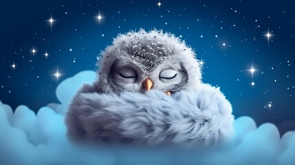 Fototapeta premium owl sleeps on a cloud watercolor.