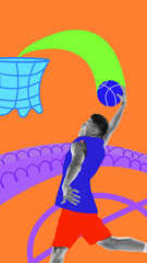 Contemporary art collage. Composition with asian male basketball player performing slam dunk to colorful painted basket. Trendy urban style.