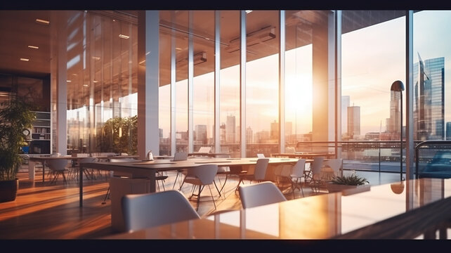 Glass modern technological panoramic view golden hour sunset empty office, distance work. 