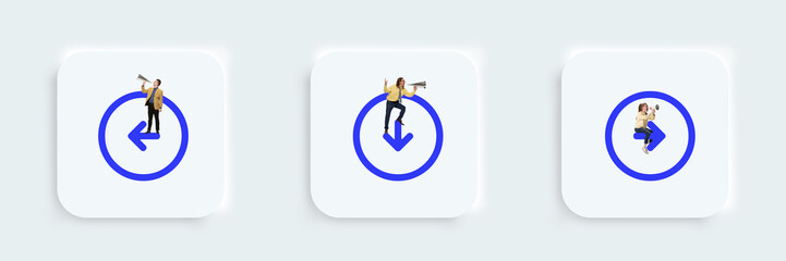 UI actions. Arrow circle left, arrow circle down, arrow circle right icons, buttons for web, computer and mobile app. Young businesswoman and men interact with signs.