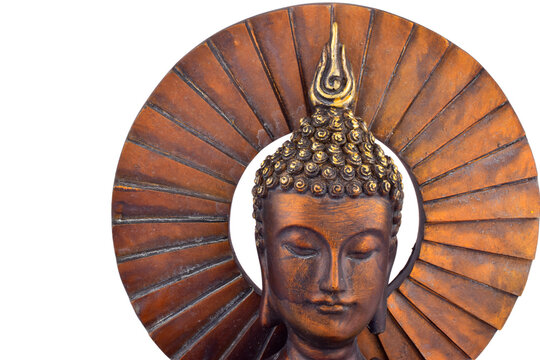 recommend clip art: Closeup of metal buddha statue face isolated on white background with clipping path