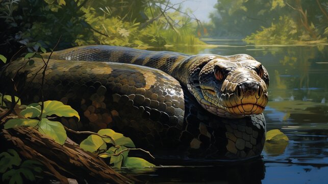  a large snake is in the water near a tree branch.  generative ai