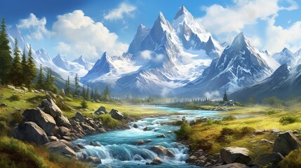 Fototapeta premium a painting of a mountain stream in a valley surrounded by trees. generative ai