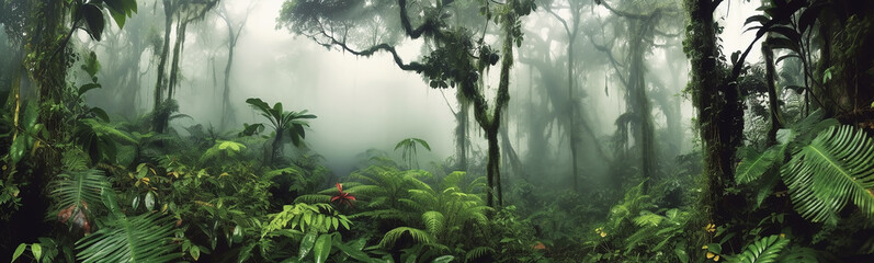 Naklejka premium panorama of the rainforest tree tops in the fog.