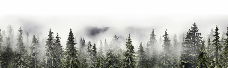 coniferous forest isolated on a white background panorama, tops of fir trees.