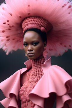 A stunningly beautiful afro-american woman wearing a vibrant pink dress and hat radiates confidence and style in this captivating outdoor portrait