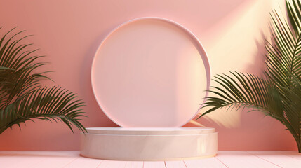 Round pastel podium and palm leaf, Abstract minimal geometric shapes background, Aesthetic summer dais concept and shadows on the wall, 3D Modern design for product showcase display, AI generated.