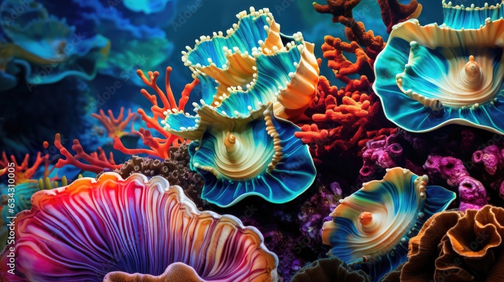 Wall mural Nudibranch snail vibrant close up texture. Underwater macro world life. AI illustration.. - Wall murals