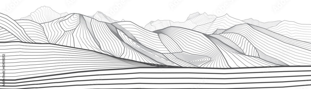 Wall mural mountains gray outline illustration. hills landscape. sand dunes. abstract lines image. vector desig