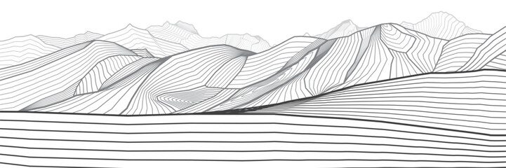 Mountains gray outline illustration.  Hills landscape. Sand dunes. Abstract lines image. Vector design art