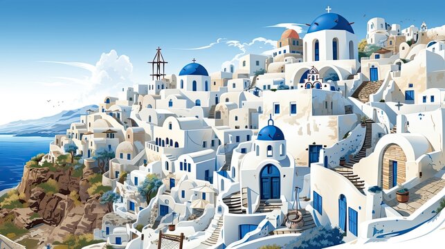  illustration of cartoon Santorini architecture