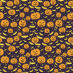A set of seamless background with Jack lamps, bats and stars, Halloween background. 1000x1000 pixels. Vector graphics.