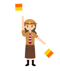 Scout character and Semaphore code pose with flag