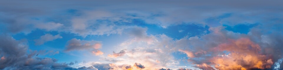 Sunset sky panorama with dramatic bright glowing pink Cumulus clouds. HDR 360 seamless spherical panorama. Full zenith or sky dome for 3D visualization, sky replacement for aerial drone panoramas.