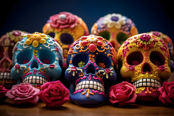 Festive Dia de Muertos with a close-up shot of intricately decorated sugar skulls, capturing the essence of Mexican tradition and remembrance. Ai generated