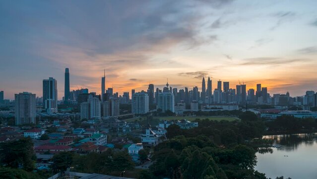 Dramatic sunset scene time lapse at Kuala Lumpur city horizon, view from far distances. Pan right