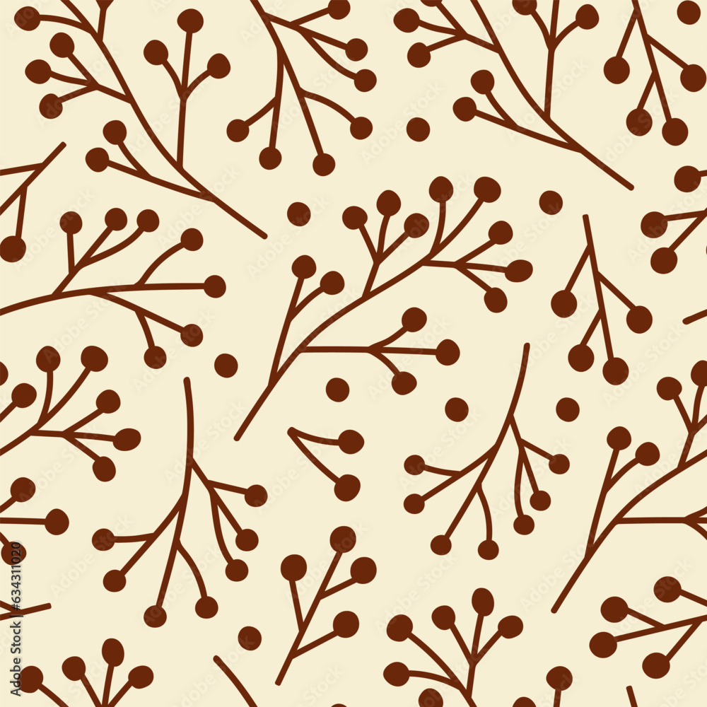 Aufkleber abstract seamless pattern with brown branches berries on a beige background . monochrome design for 