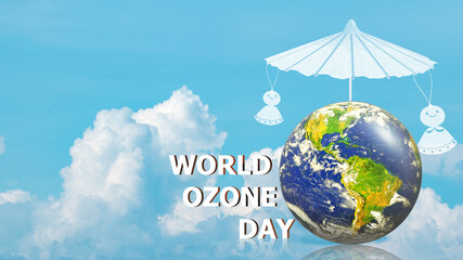 World Ozone Day text , umbrella, old rain repellent doll on natural background.Elements of this image furnished by NASA.