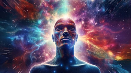 Abstract profile of a human head and consciousness with physical and chemical structures in the head, Person creative mind, Psychic waves concept, Generative AI illustration
