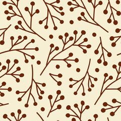 Obraz premium Abstract seamless pattern with brown branches berries on a beige background . Monochrome design for textile, prints, wrapping paper. Vector illustration