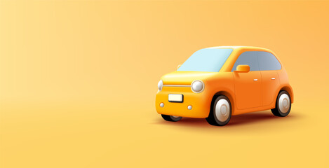 Yellow car retro vintage model 3d illustration, cartoon style cute vehicle