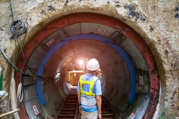 Soft focus and blurred lighting background of focus at engineer or technician control. Underground...