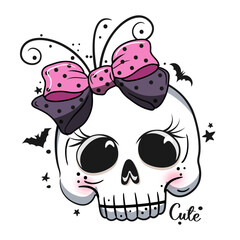 Cute cartoon skull with pink bow. Halloween party. Vector illustration. 