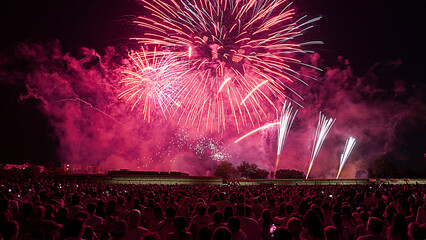  Lots of people watching the fireworks at the San Fermin festivities. Pamplona Navarre. Spain    