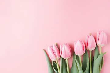 Fototapeta premium Exquisite Spring Floral Arrangement: Pink Tulip Bouquet on Pastel Pink Background. Perfect for Valentine's Day, Easter, Birthdays, and More!Generative AI