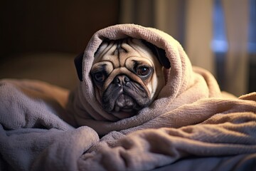 Dog Staying Warm Photo: Pug Wrapped in Cozy Blanket

 Generative AI