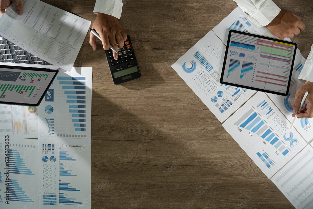 Poster businessman working data document graph chart report chart suitable for financial investment analyzi