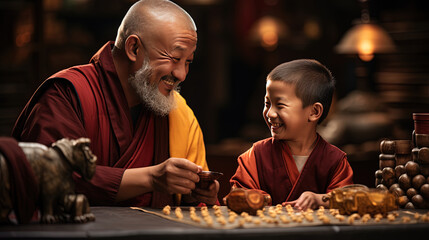 A Buddhist monk teaching a child