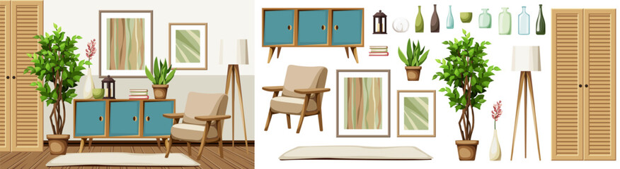 Living room interior with an armchair, a blue dresser, a jalousie cabinet, pictures on the wall, and a big ficus tree. Modern interior design. Furniture set. Interior constructor. Cartoon vector
