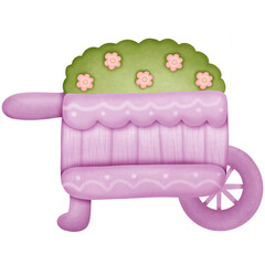 Wheel barrow planter wooden box with plant and flowers isolated on transparent background 