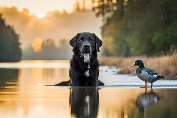 labrador retriever dog with a duck in the water