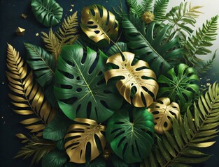 Image displaying a floral arrangement featuring tropical green leaves from Monstera, fern, and Eucalyptus plants, enhanced with gold glitter particles. Created with generative AI tools
