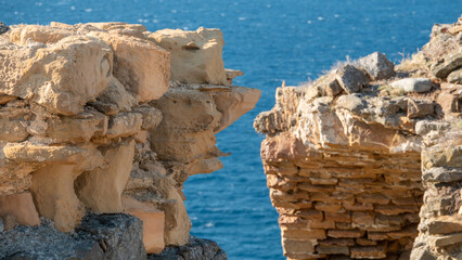 Gokceada (Imbros) sea view with  ruined Kalekoy castle walls. Imbros island. Aegean Turkey. Canakkale - obrazy, fototapety, plakaty