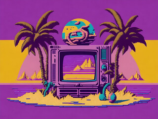 beach illustration in 8 bit style. AI generated
