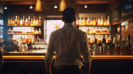 bartender standing in a bar, full of drinks, camera shot from back - obrazy, fototapety, plakaty