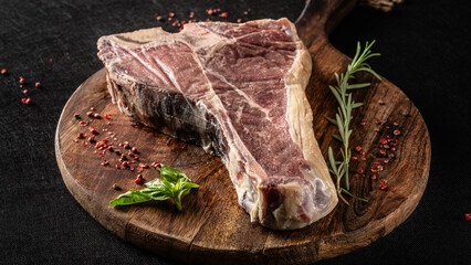 Siroy piece of beef meat T-bone, lies on a wooden board with spices. place for text, photon image....