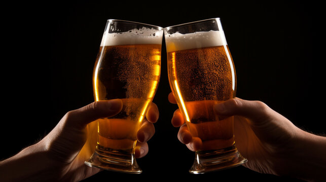 Two Hands Holding And Cheering Bear-filled Glasses With Dark Background