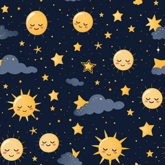 celestial dark night pattern seamless background with moon and stars