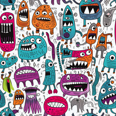 seamless pattern with cute cartoon expressive monsters graffiti